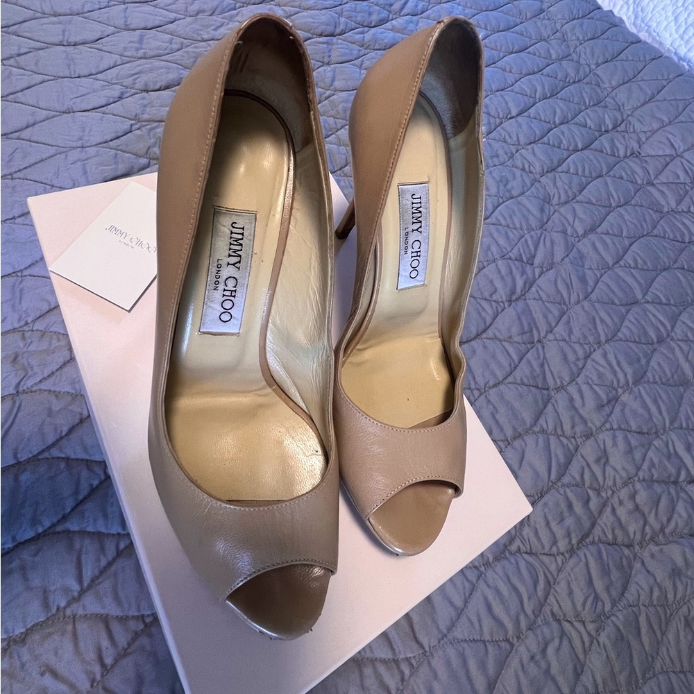 Authentic Jimmy Choo Luna Nude Leather peep-toe pumps Size 8